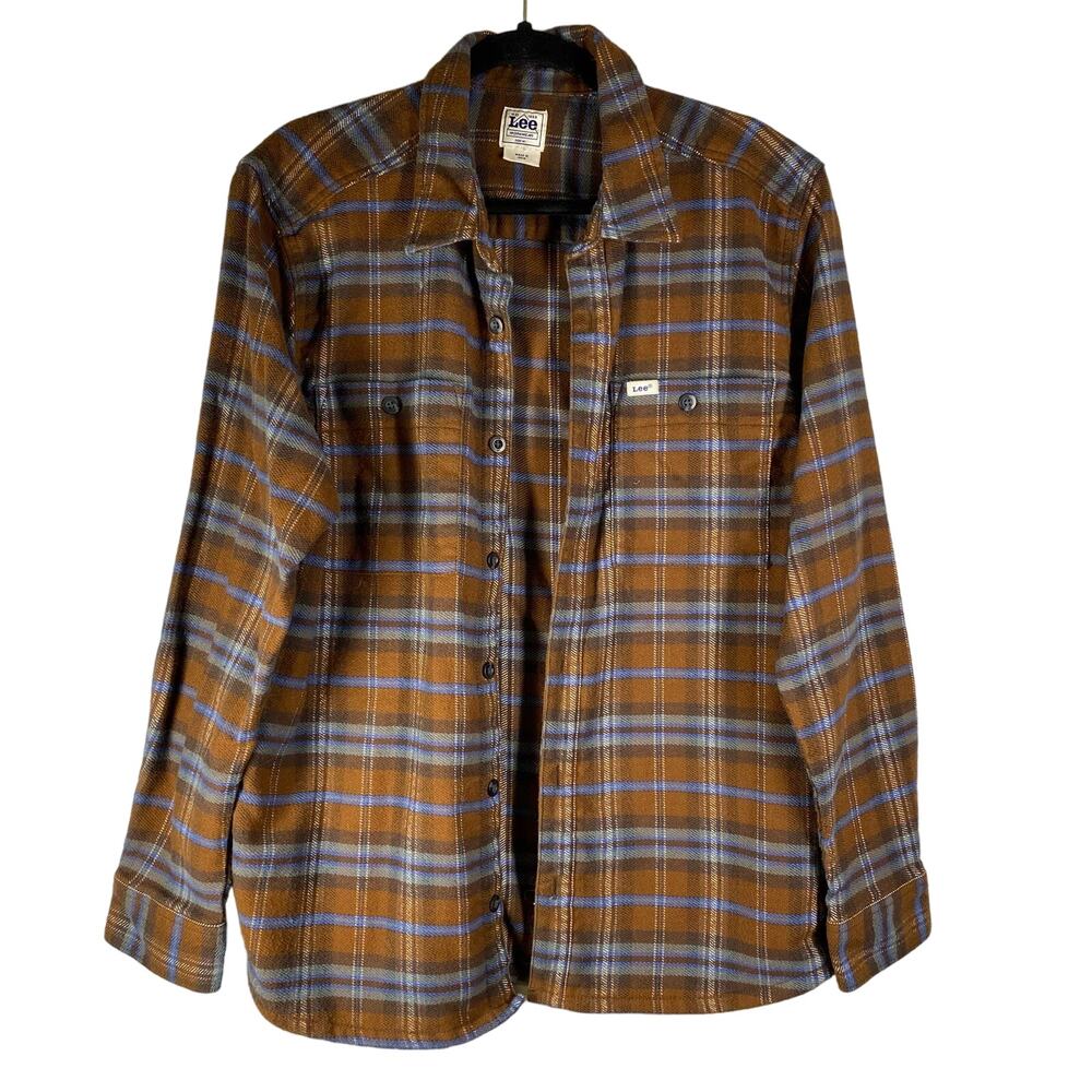 Vintage Lee Flannel Plaid Button Top Thick Workwear Brown Blue Mens Size Medium